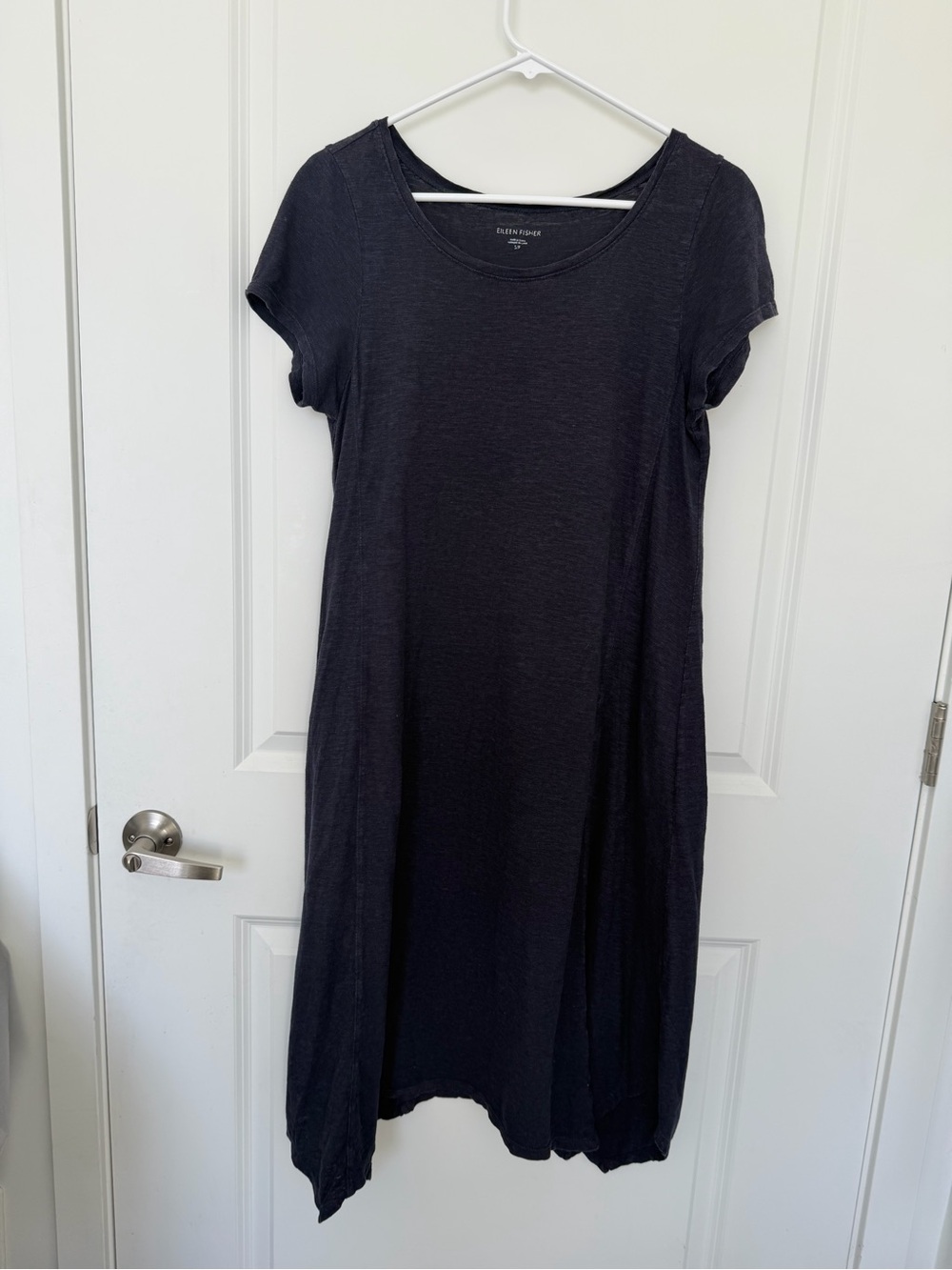 Eileen Fisher Hemp Organic Cotton T-Shirt Dress S Navy Midi Handkerchief Hem